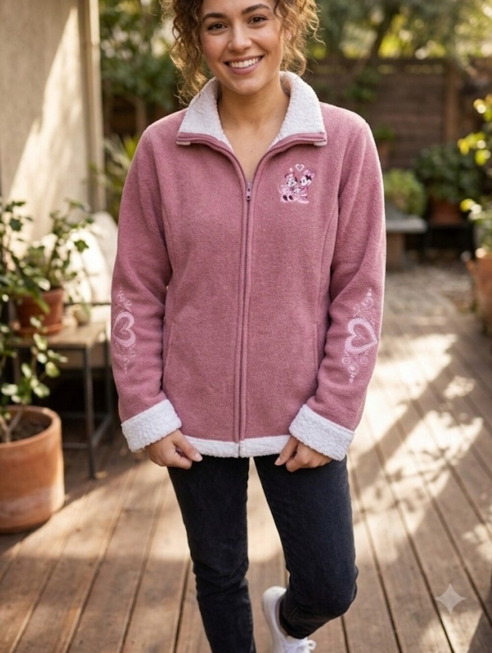 Disney Parks Mickey Minnie Heart Fleece Sherpa Zip Jacket Pink Women's Large